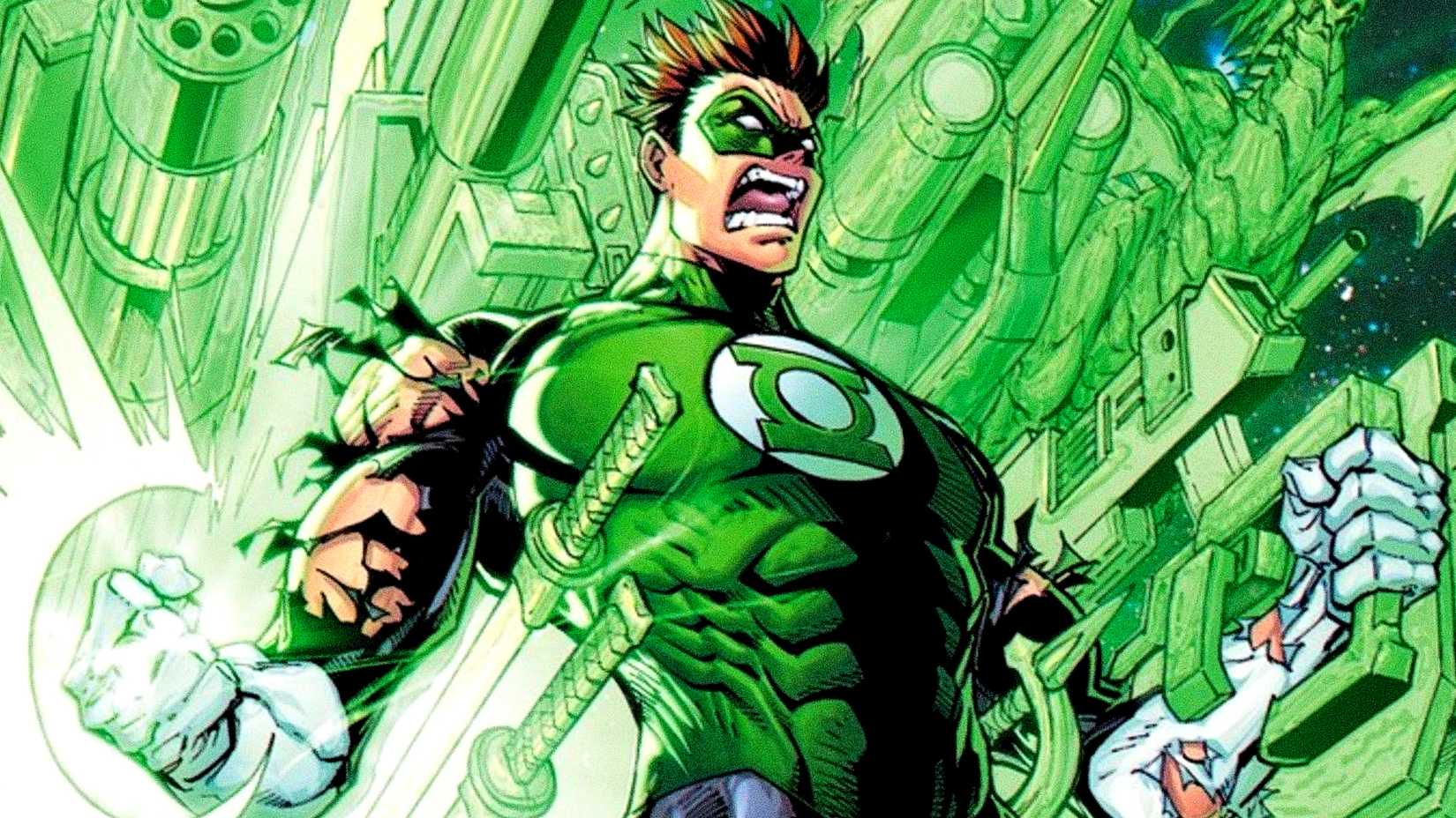 Green Lantern Hal Jordan screams while creating numerous weapons