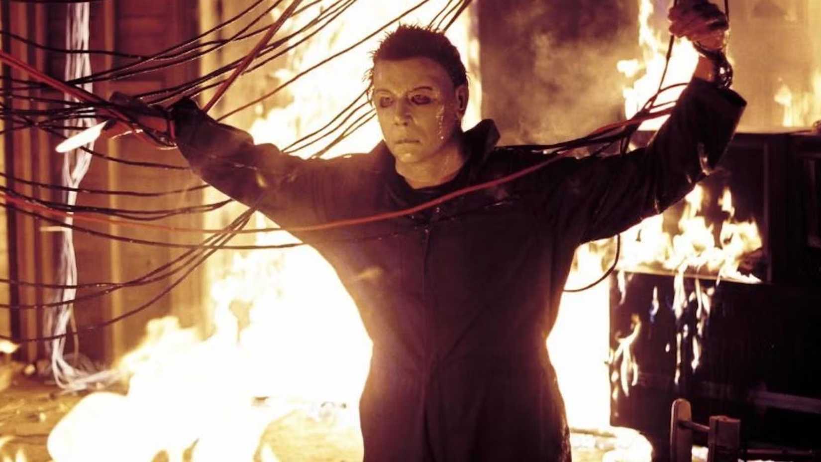 Michael Myers tied up in wires in Halloween Resurrection