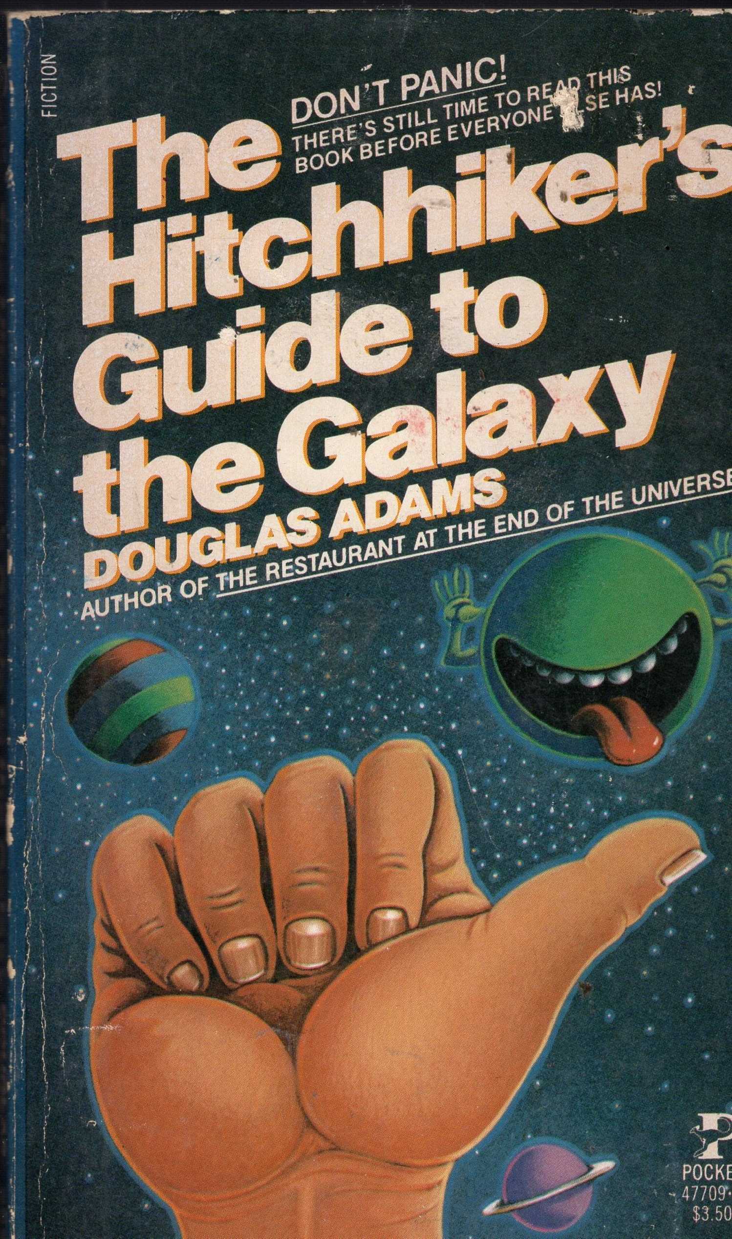 Hitchhiker's Guide to the Galaxy paperback cover, a thumbs up against a backdrop of stars