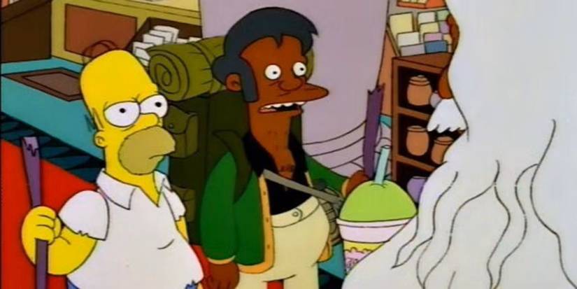 Homer and Apu visit the head of the Kwik-E-Mart in The Simpsons