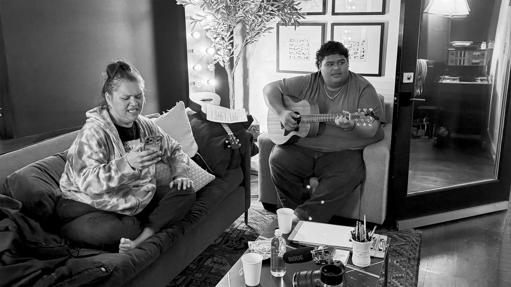 Iam and Paula working on Moana: Voices Across the Ocean track