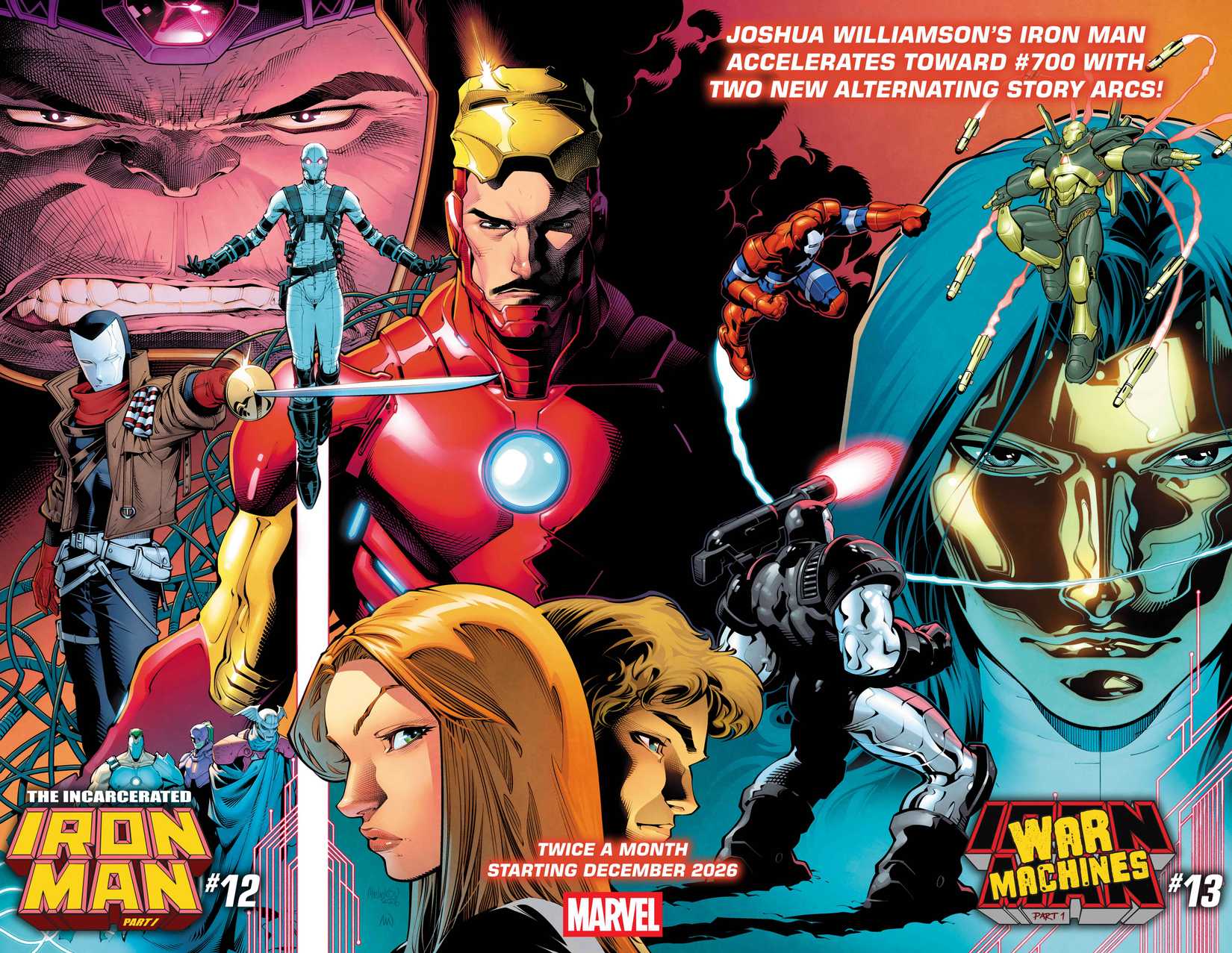 Connecting covers for Incarcerated Iron Man and War Machines, intertwining arcs