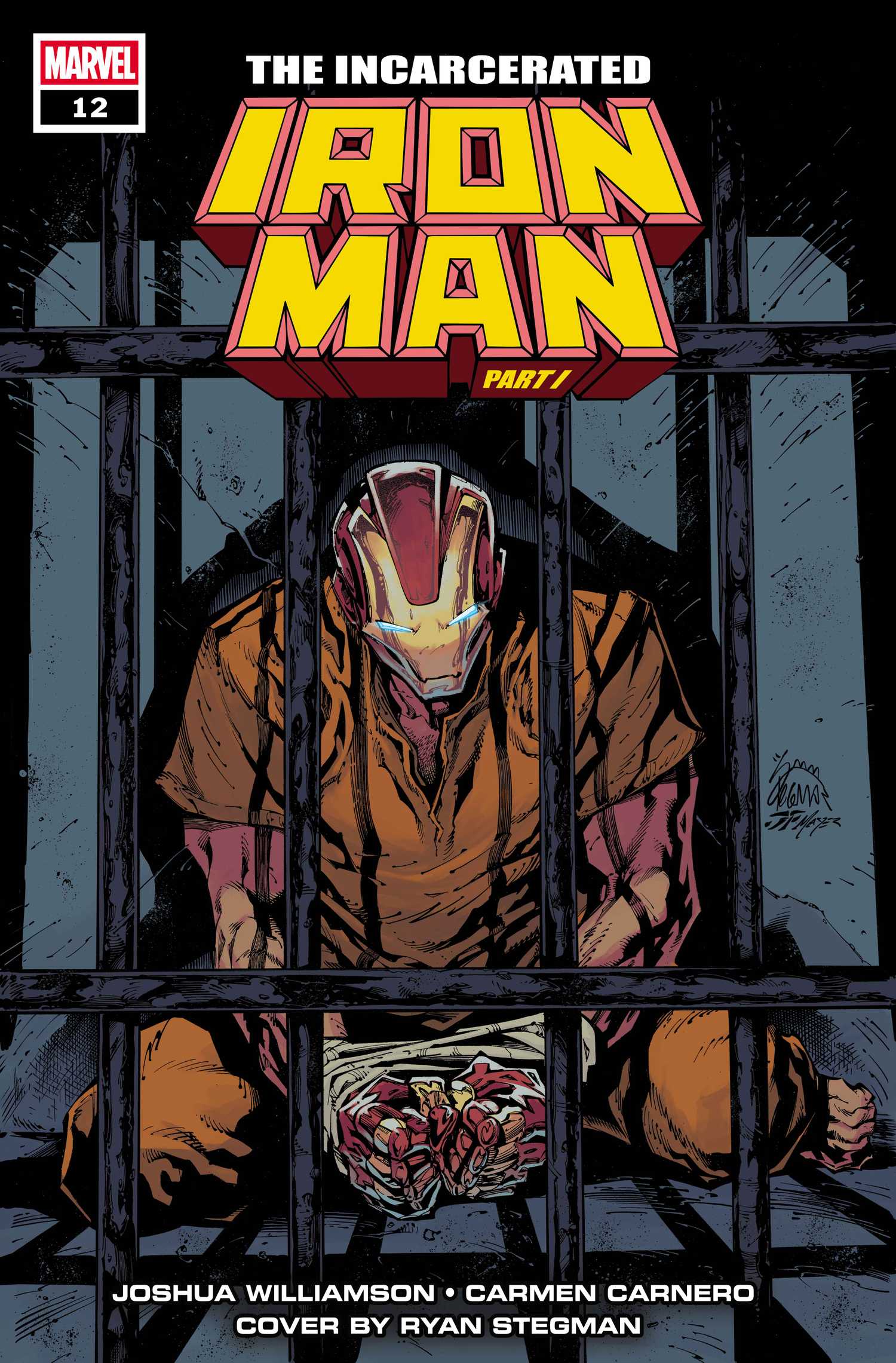 Iron Man #12 cover, Tony Stark behind prison bars, in the "Incarcerated Iron Man" arc.