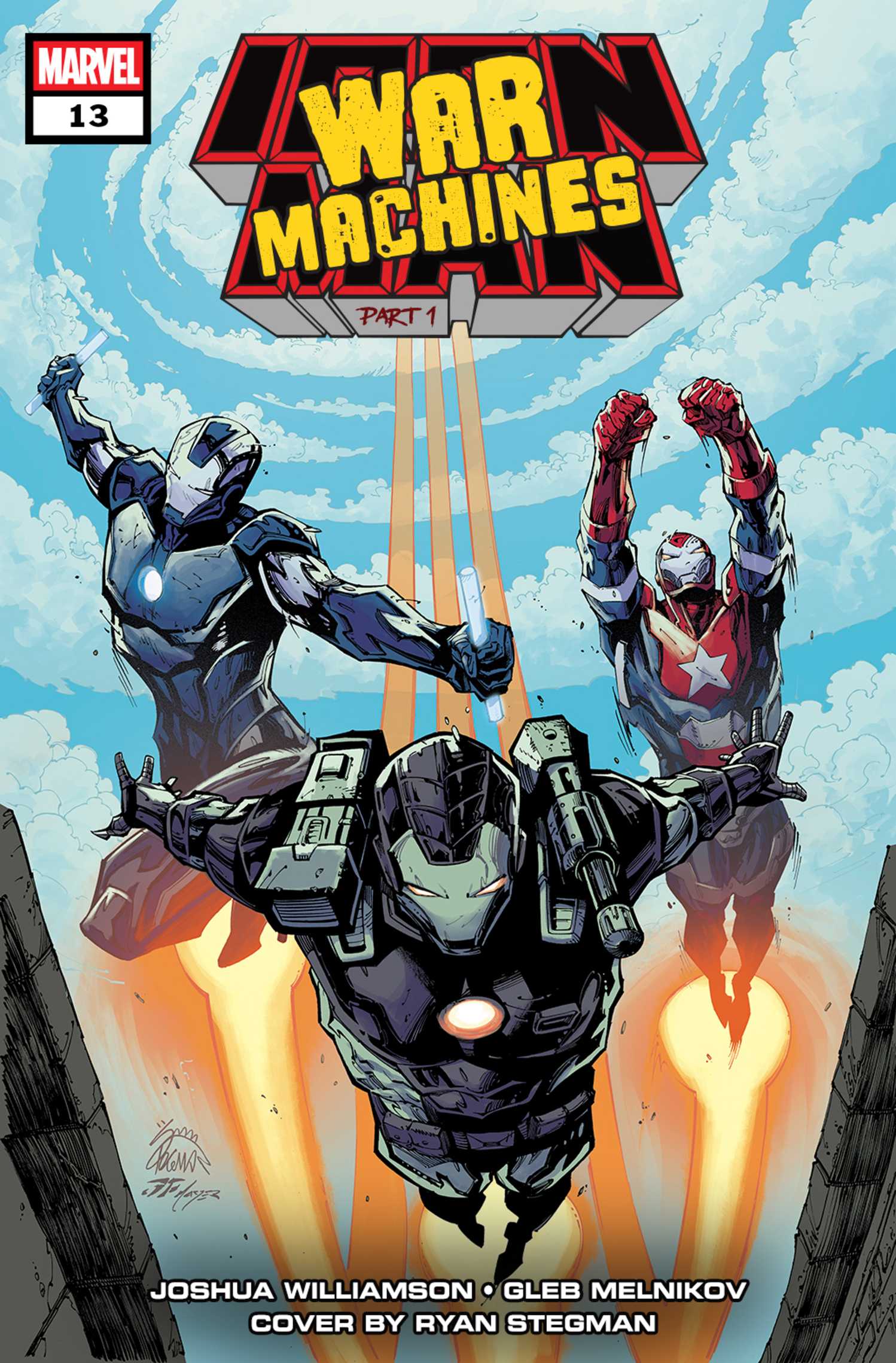 Iron Man #13 cover, "War Machines" story arc, three War Machine variants flying in formation
