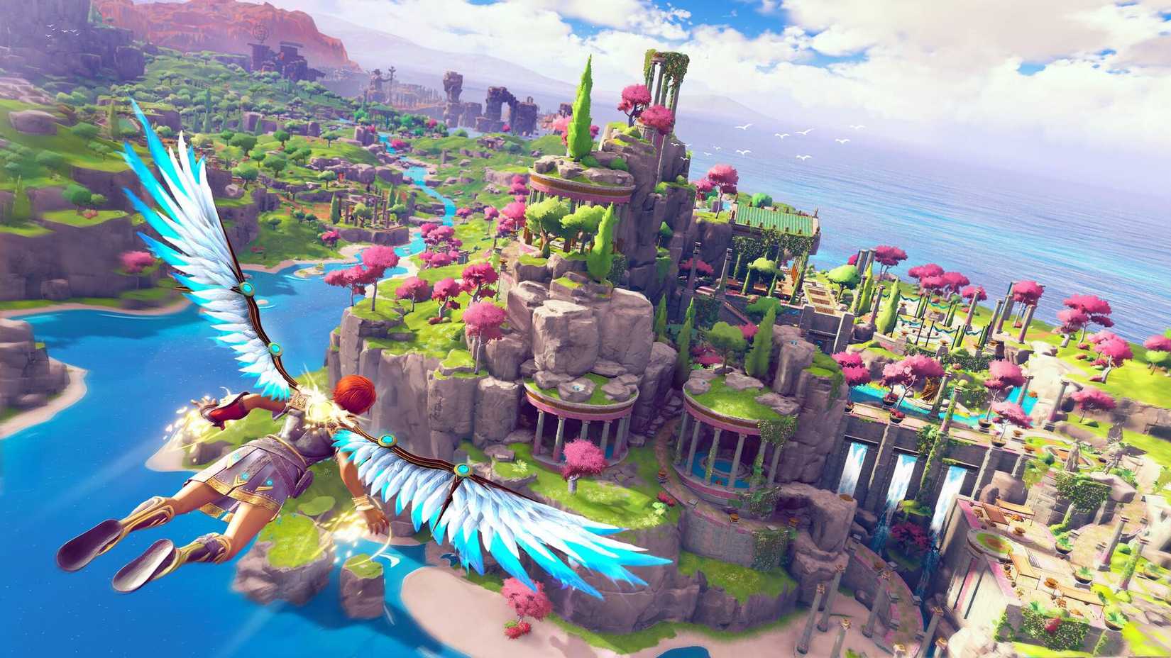 Fenyx flying over colorful islands in Immortals Fenyx Rising.
