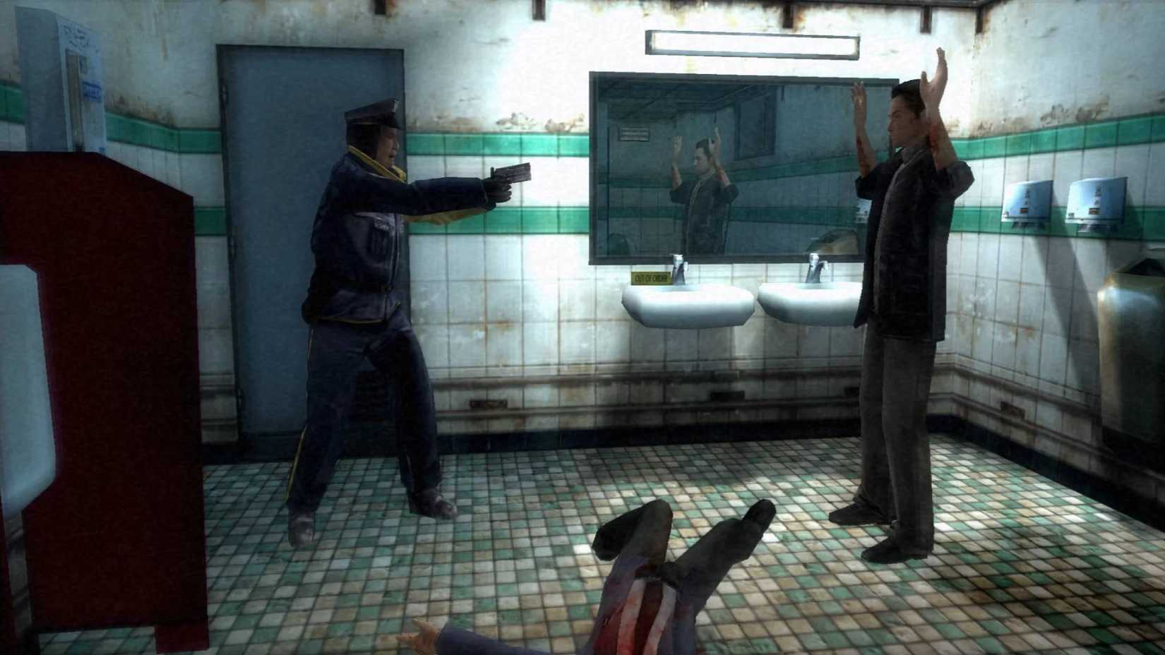 A cop pointing a gun at the protagonist in Indigo Prophecy.