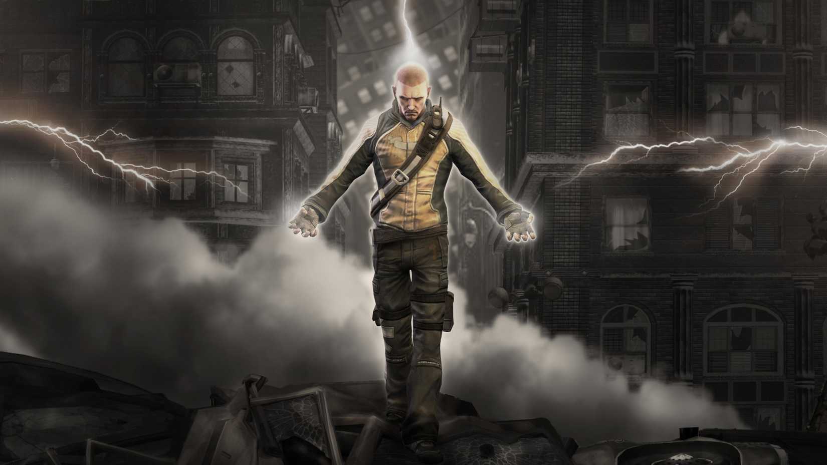 Cole from Infamous standing on a destroyed car with lightning coming down onto his head and toward his two outstretched hands.