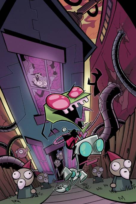 Zim rides Gir, laughing maniacally, out of his house with Dib tangled up behind him