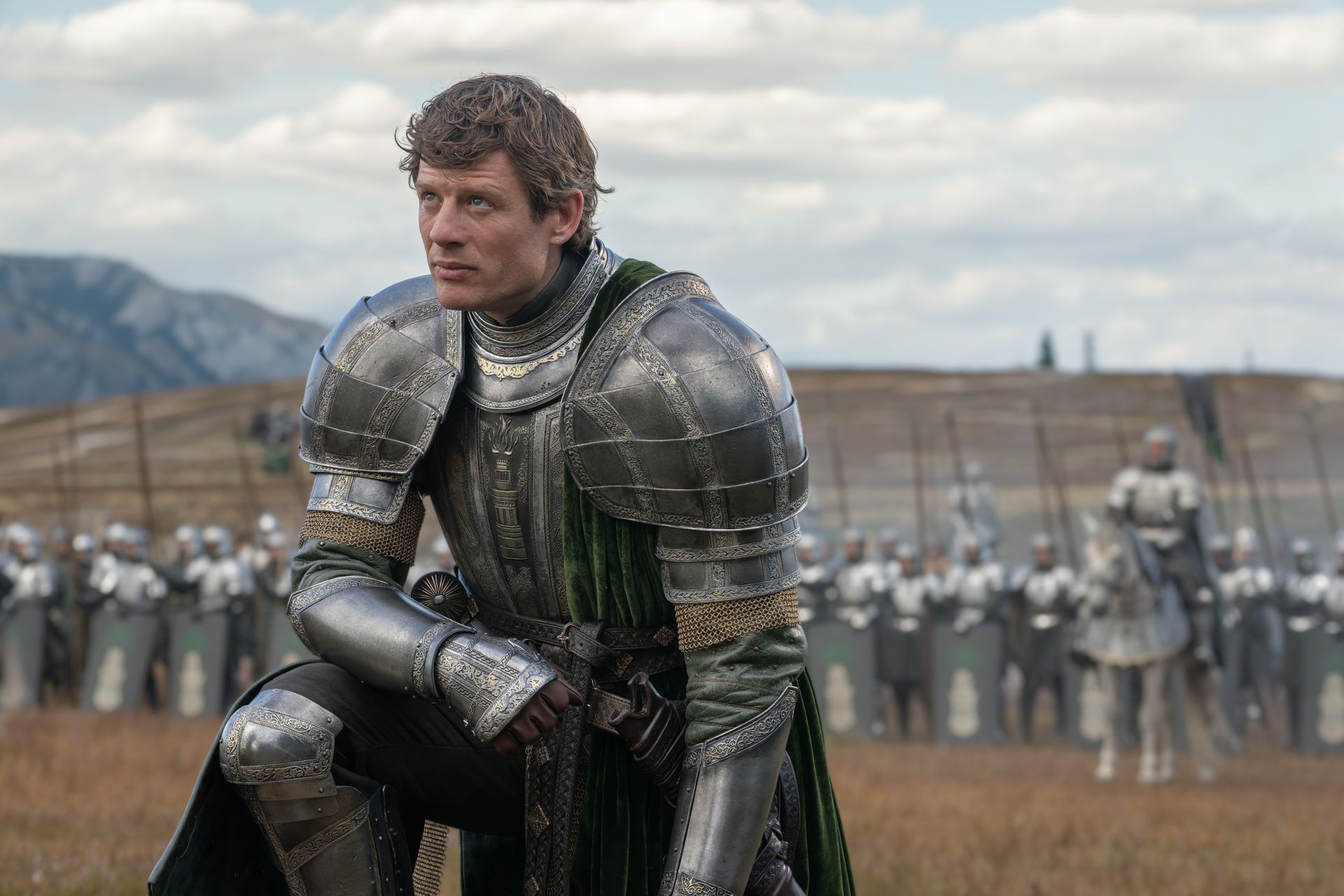 James Norton as Ormund Hightower kneeling in House of the Dragon