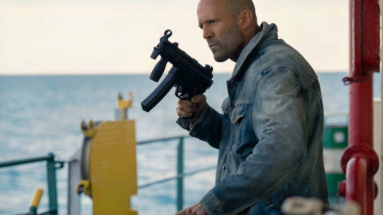 Jason Statham as Cole holding a MP5 submachine gun in Mutiny (2026)