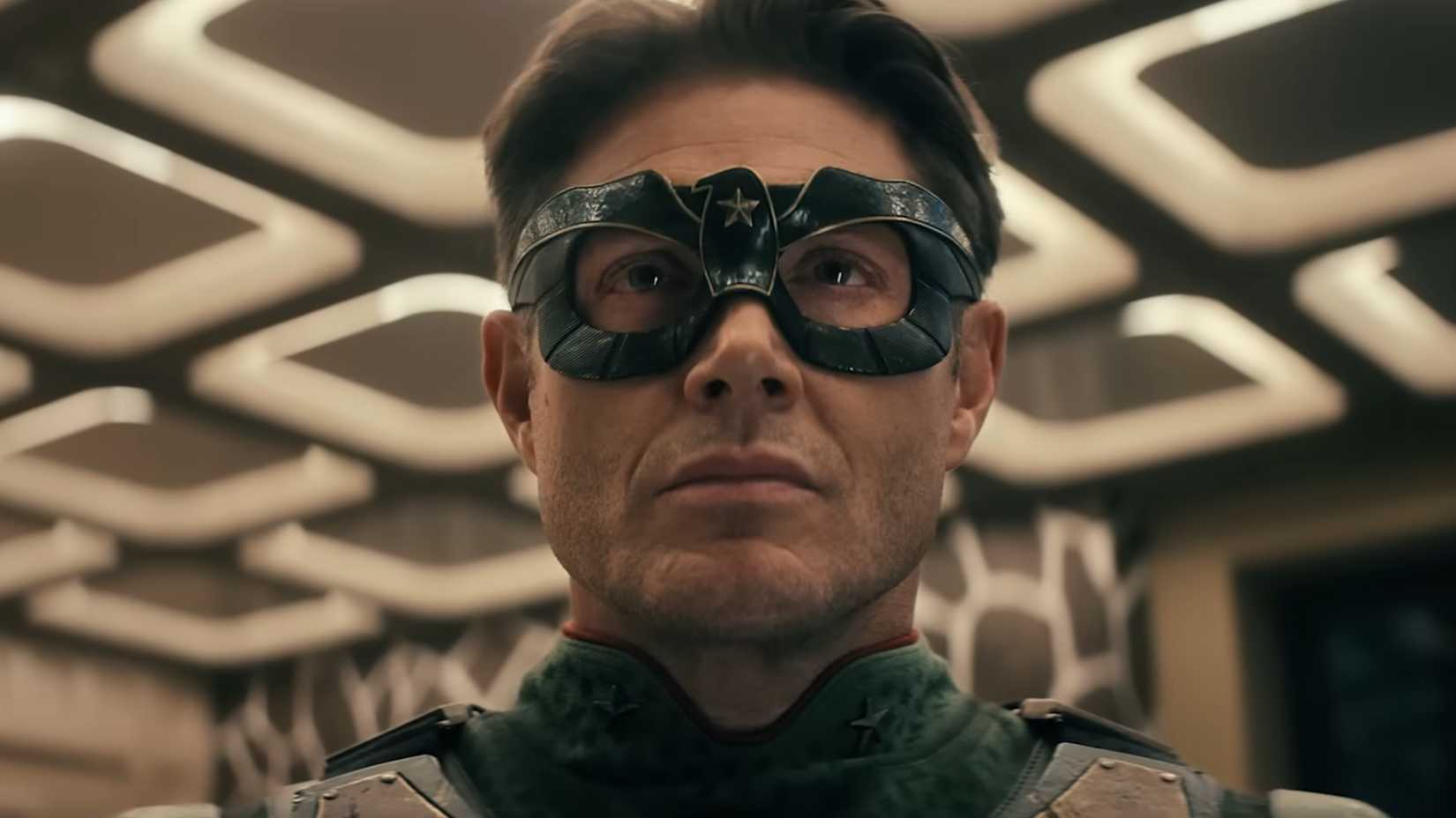 Jensen Ackles as Soldier Boy in his costume in Vought Rising.