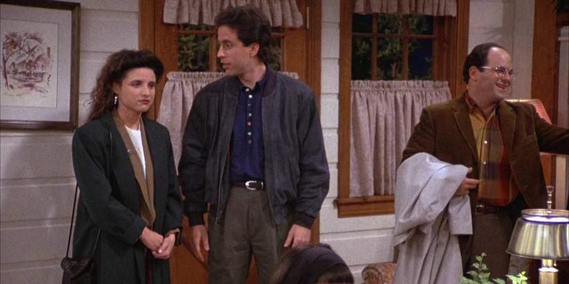 Jerry, George, and Elaine at a party in Seinfeld