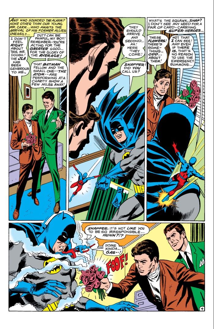 Page 4 of Justice League of America issue 77 showing Snapper Carr knocking Batman and the Atom out with a gas.