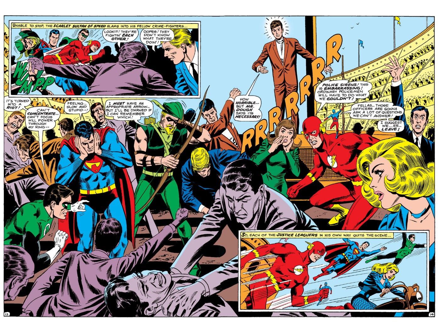 A double page spread from Justice League issue 77 showing the League trying to break up a riot.