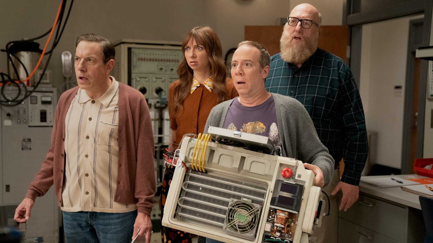 John Ross Bowie, Lauren Lapkus, Kevin Sussman, and Brian Posehn in a Stuart Fails To Save The Universe still.