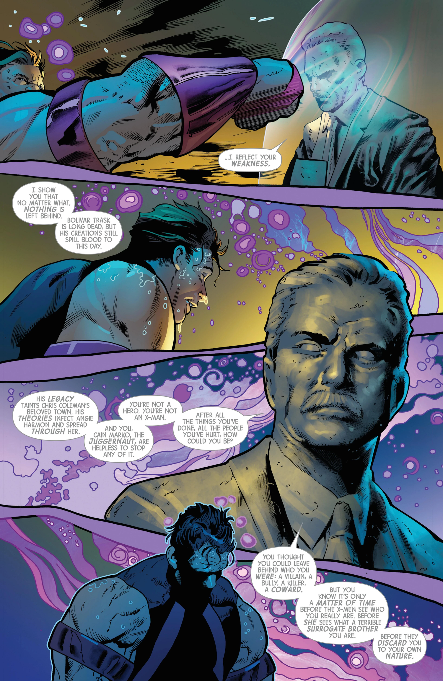 Juggernaut hallucinates Bolivar Trask's statue talking to him in X-Men #34