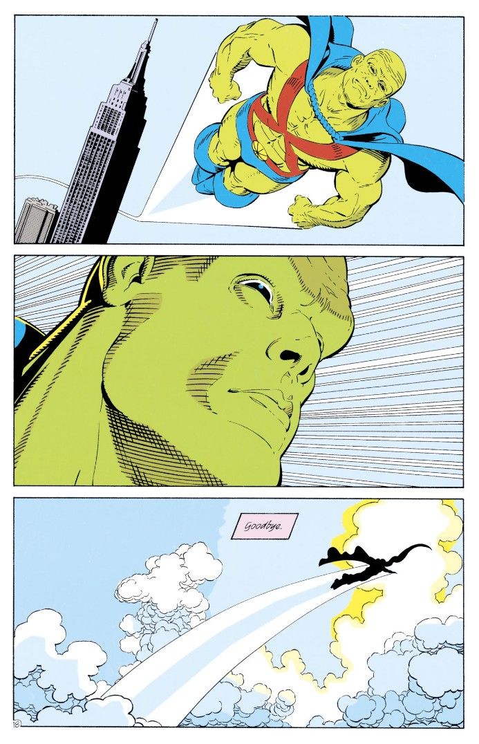 A three panel page from Justice League America issue 60 showing Martian Manhunter fying away from New York with a single narration box that reads