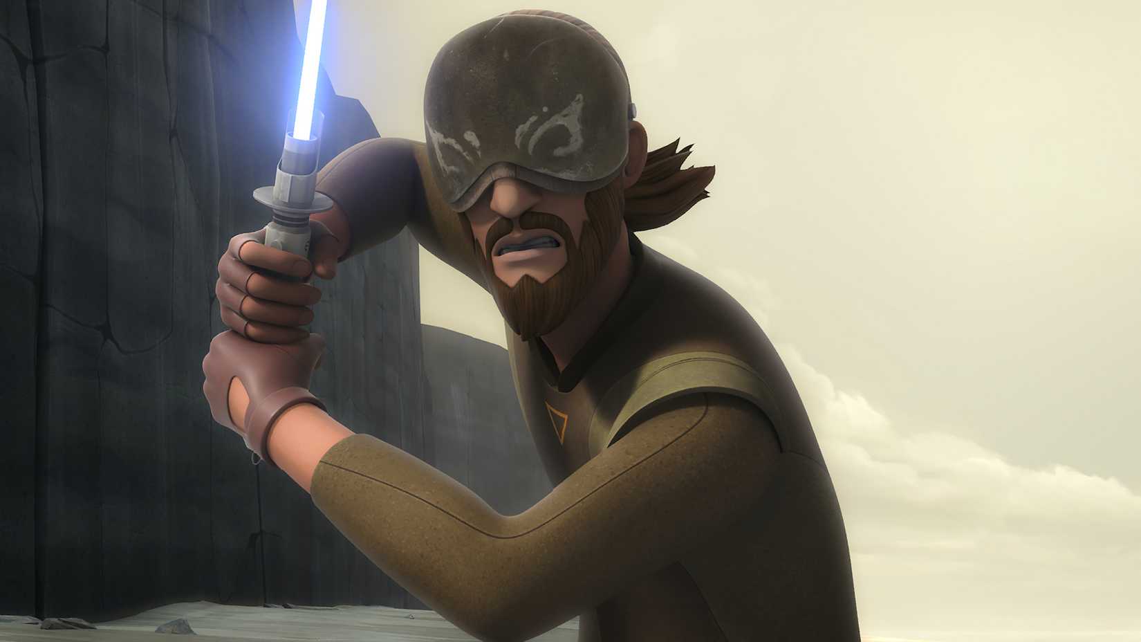 Kanan Jarrus wielding his lightsaber while wearing a helmet covering his eyes