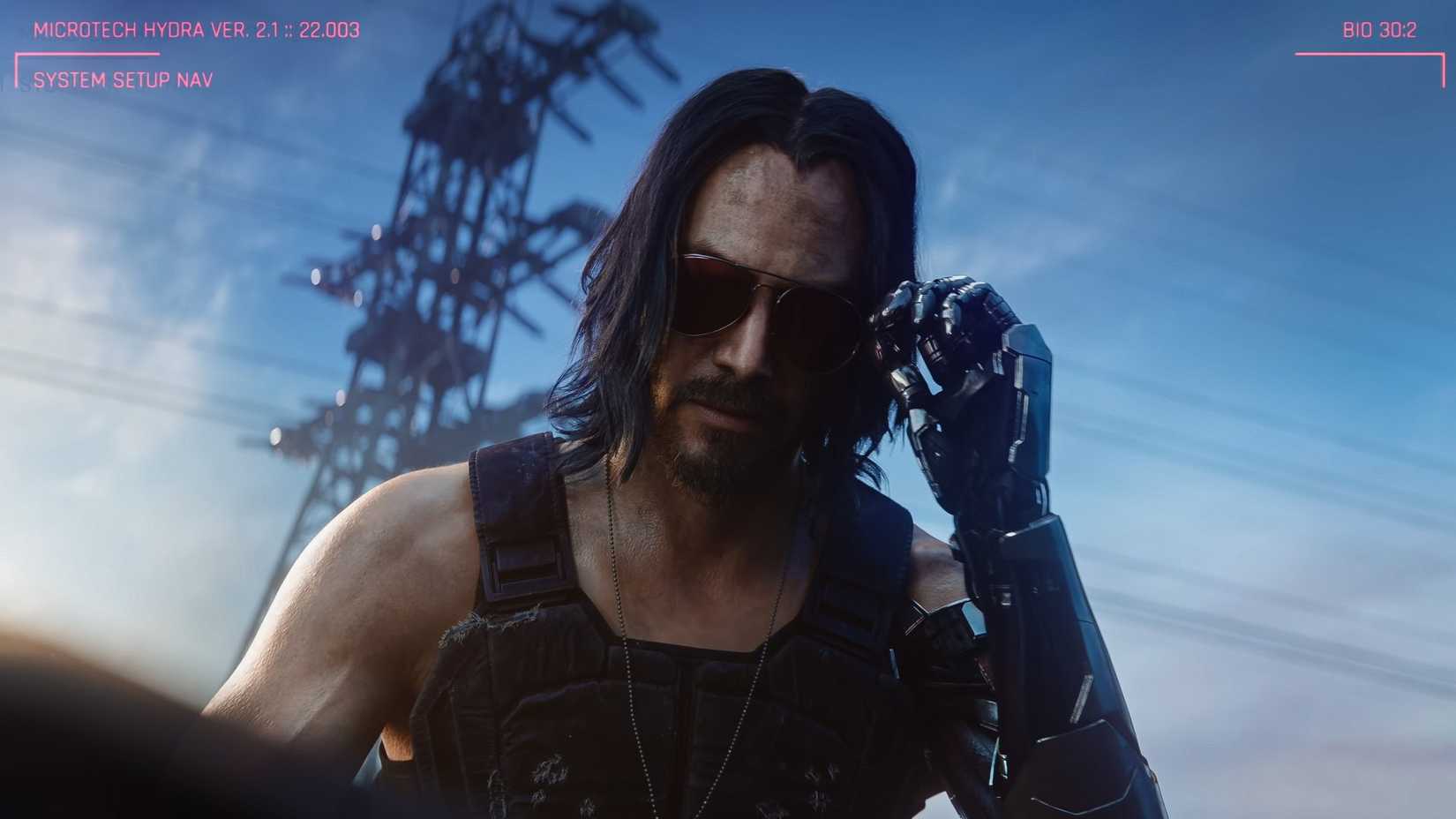 Keanu Reeves as Johnny Silverhand taking off his sunglasses in Cyberpunk 2077