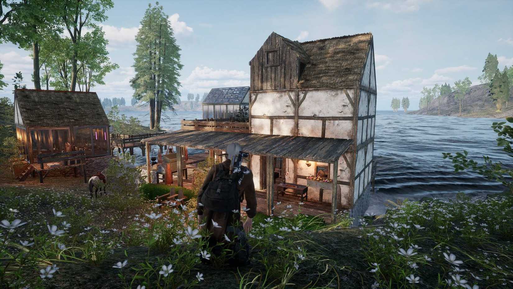 The player crouched and looking at a house in KeepUp Survival.