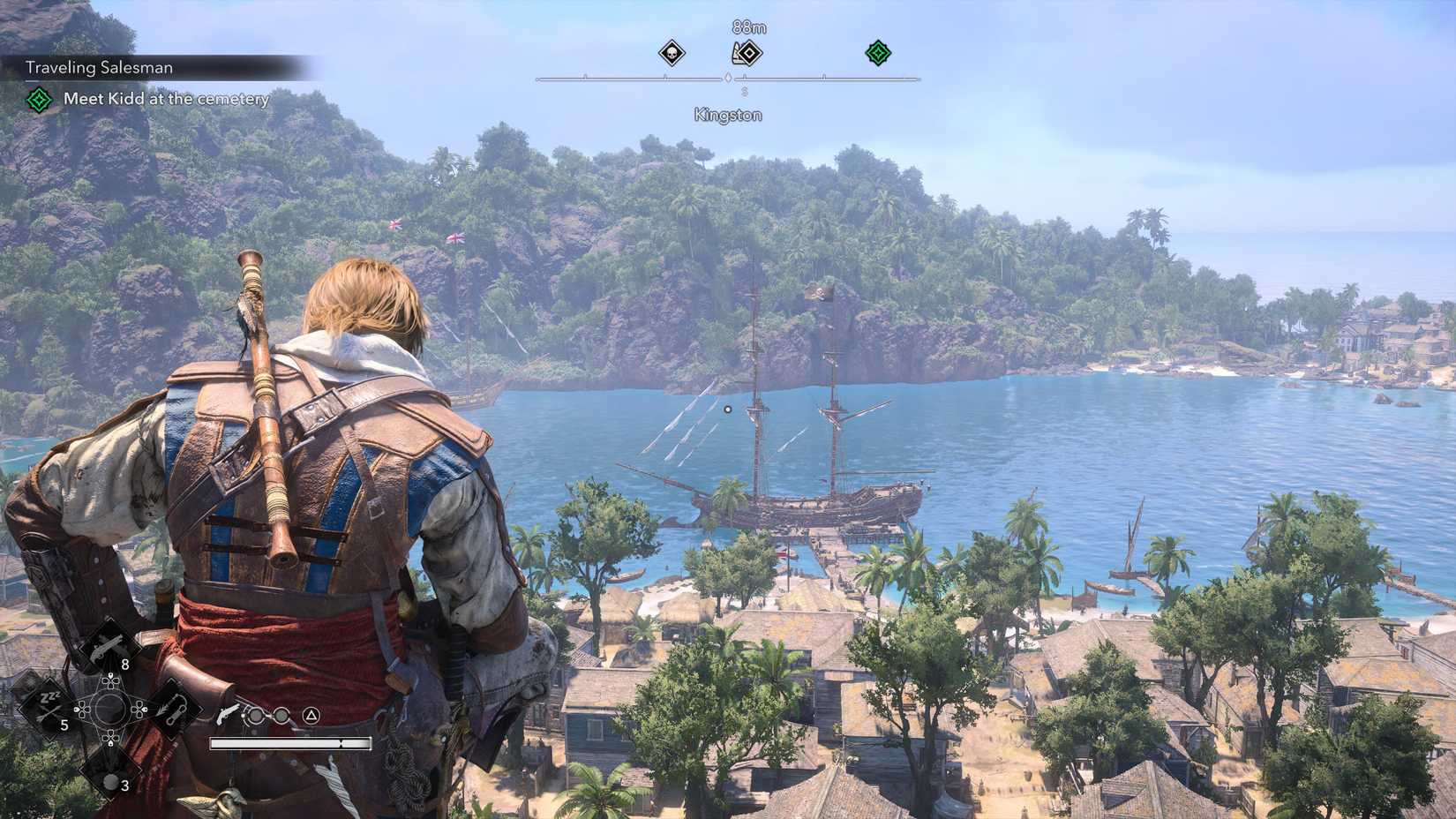 Kenway perched at a viewpoint, looking out at the Jackdaw in the distance in AC Black Flag Resynced.-1