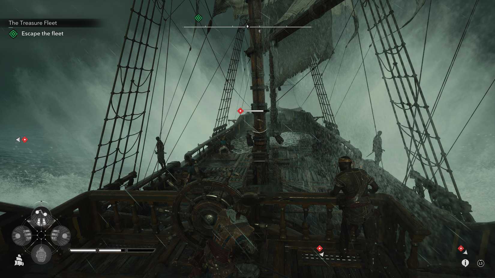 Kenway piloting the Jackdaw through a storm in AC Black Flag Resynced.