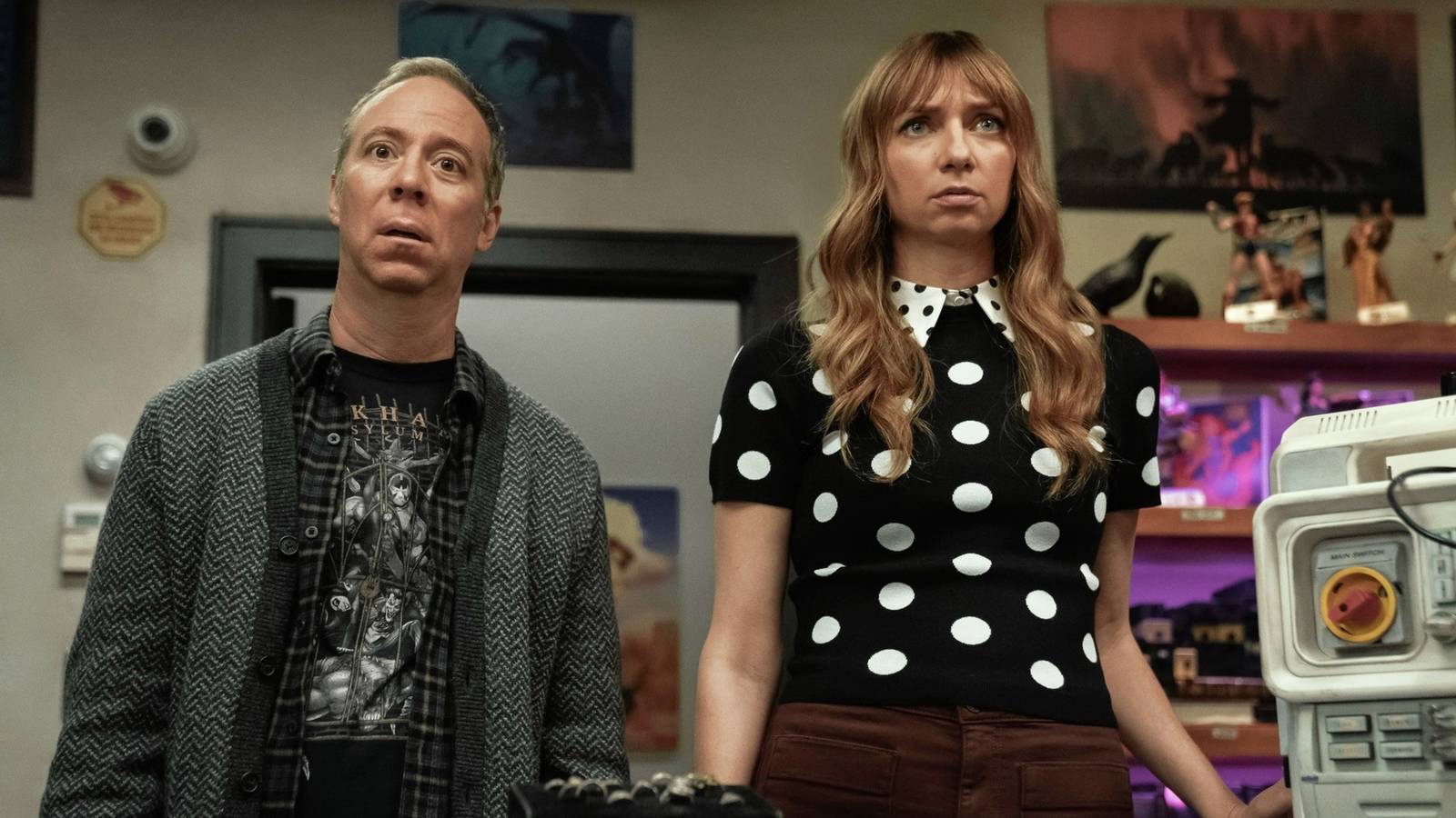 Kevin Sussman and Lauren Lapkus standing next to one another in Stuart Fails to Save the Universe