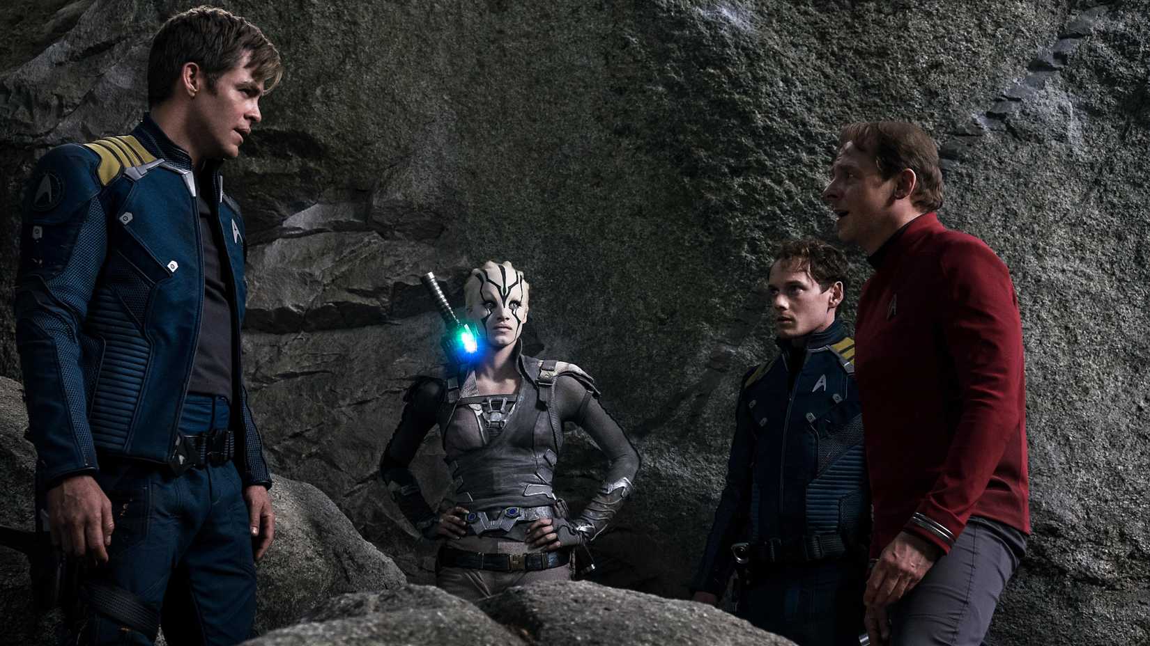 Kirk Jaylah Chekov and Scotty in Star Trek Beyond