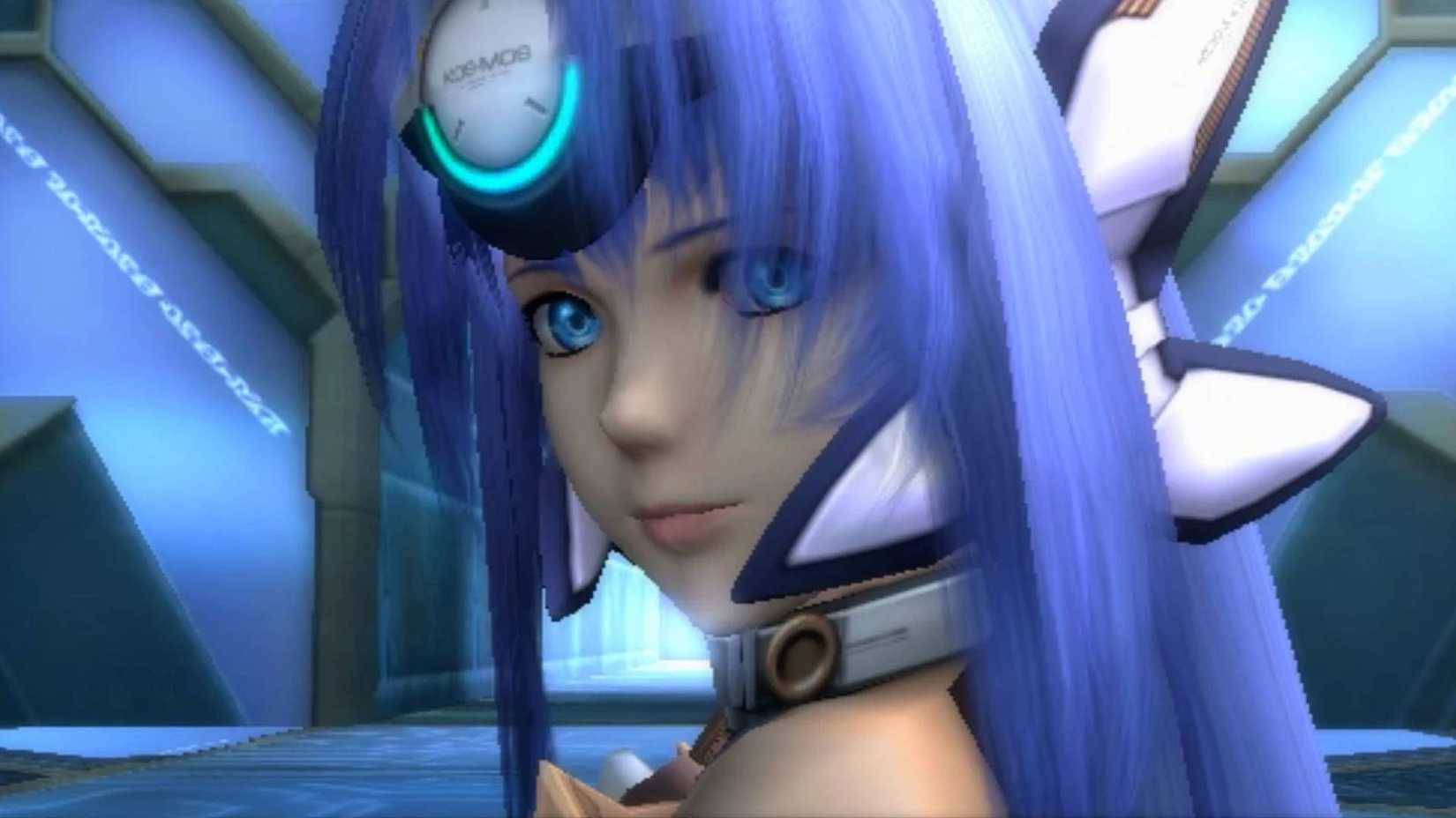 KOS-MOS from Xenosaga looking towards off-screen characters.