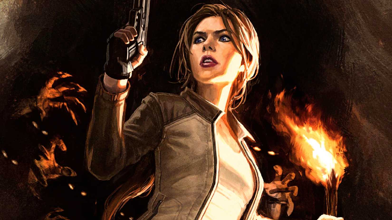 Lara Croft wields a gun and a torch in Tomb Raider comic cover