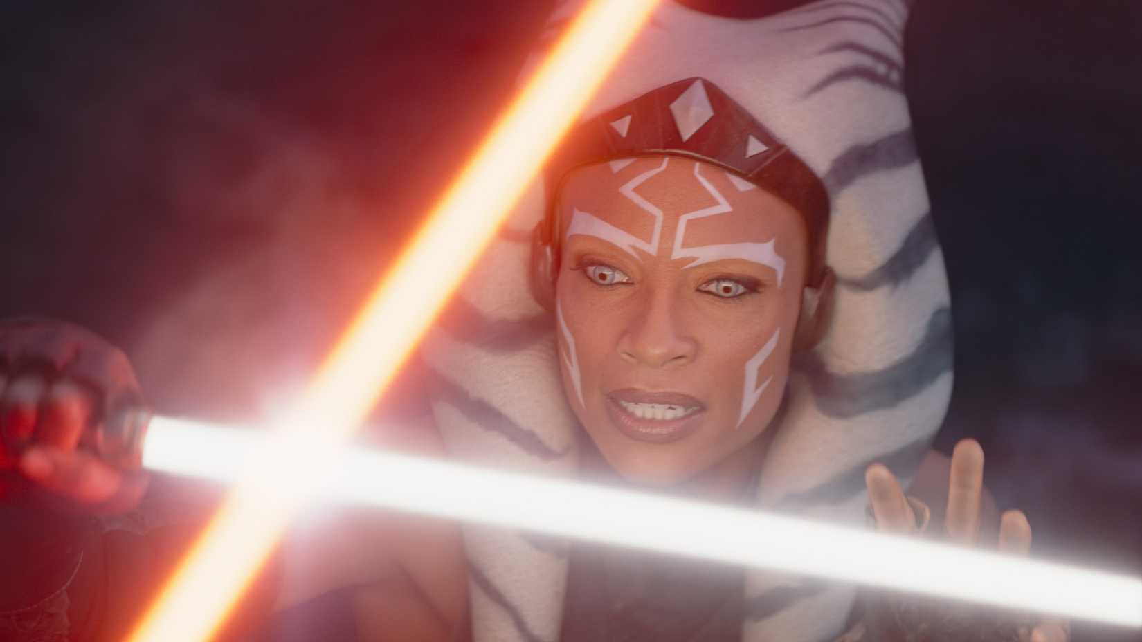 Live-action Ahsoka Tano during a duel in Star Wars