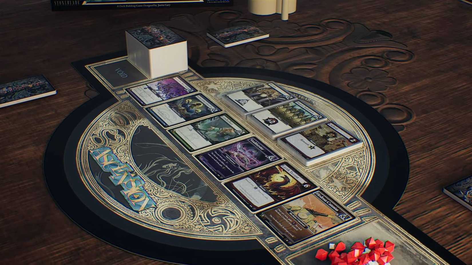 Cards on a board in the Lord of the Rings: Ascension game.