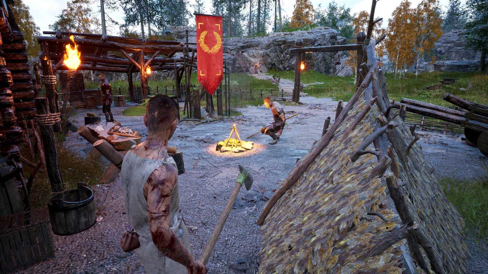 The player approaching an enemy at a campfire in Lost Legions.