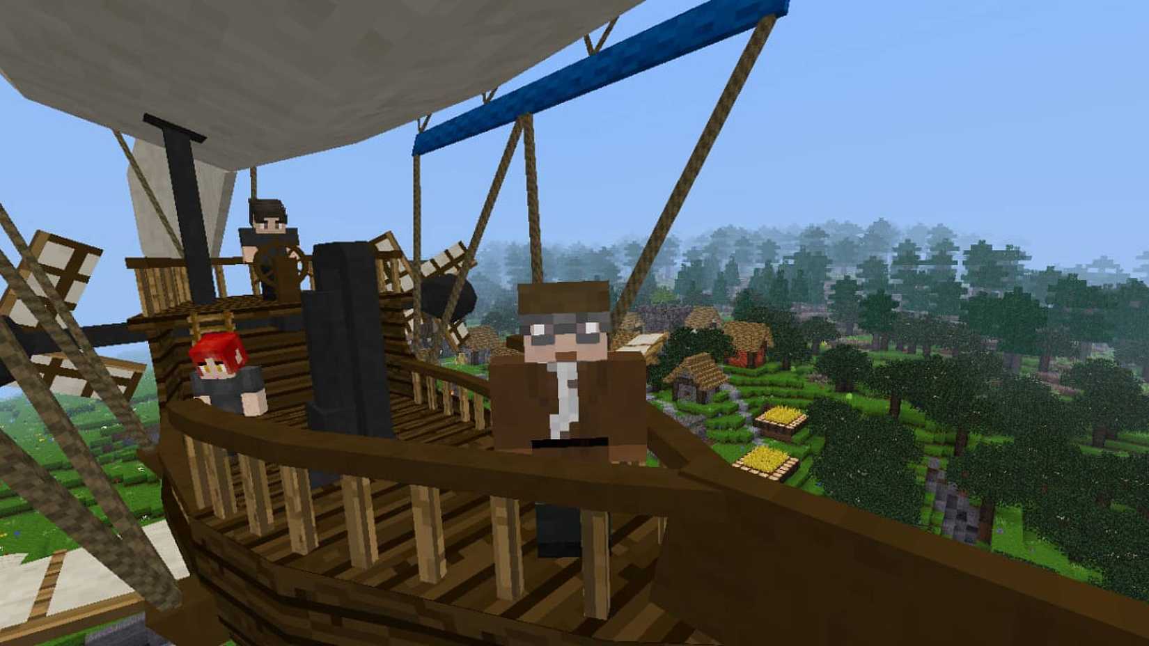 A group of players standing on a flying ship in Luanti.