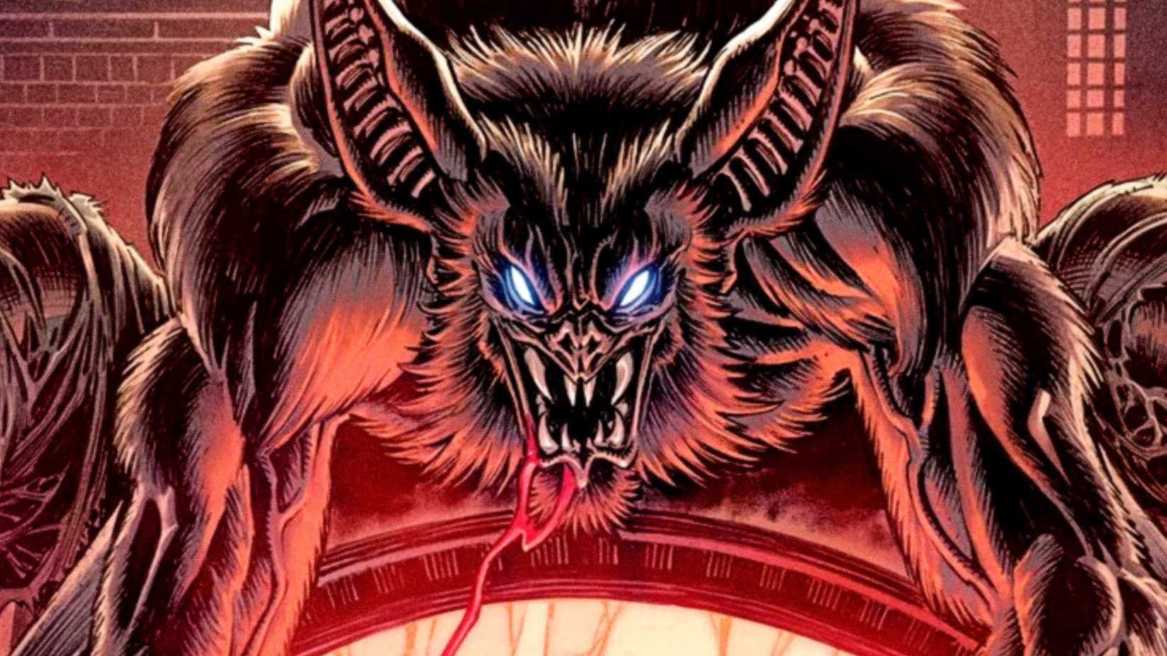 Man-Bat perches on a rooftop in Gotham City