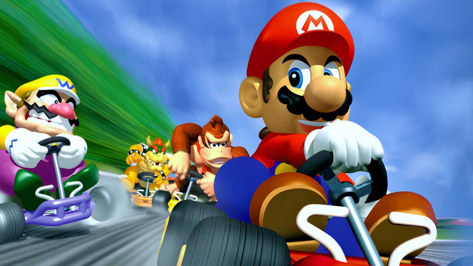Mario, Wario, Donkey Kong and Bowser in Mario Kart 64 Key Art.