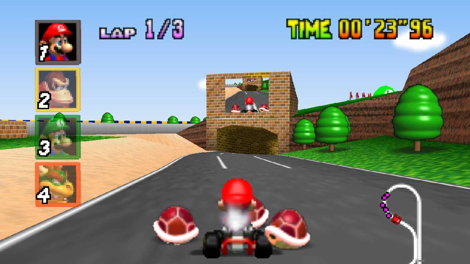 Mario surrounded by red shells in Mario Kart 64.
