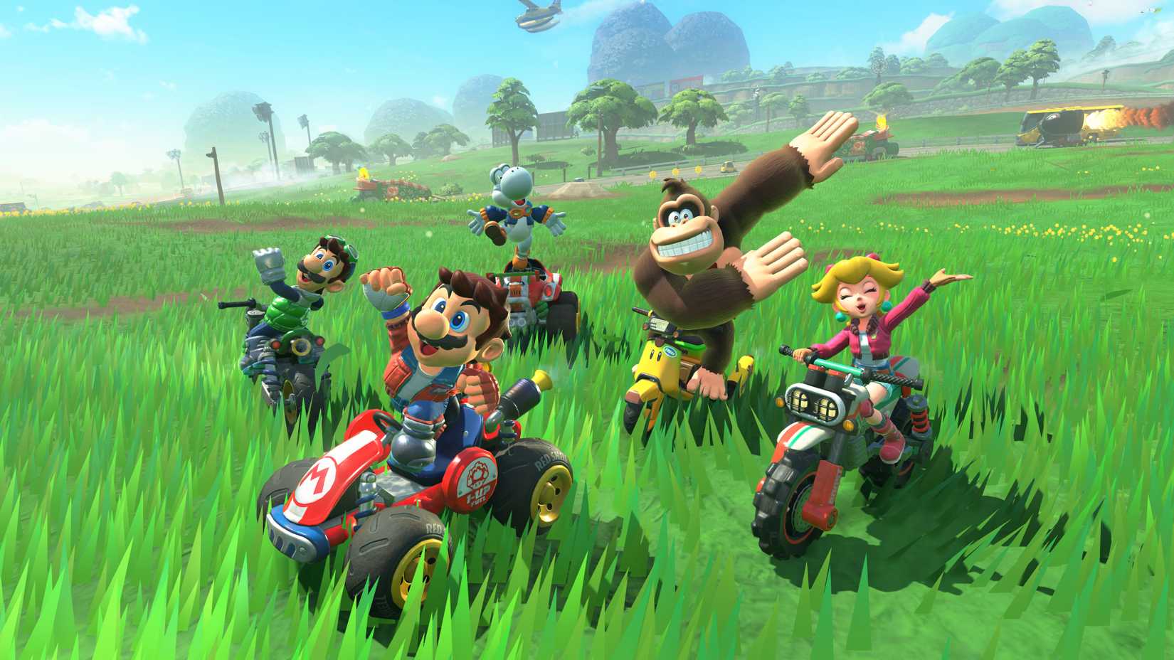 Mario, Luigi, Yoshi, Donkey Kong, and Peach posing for a photo on their karts in a field.