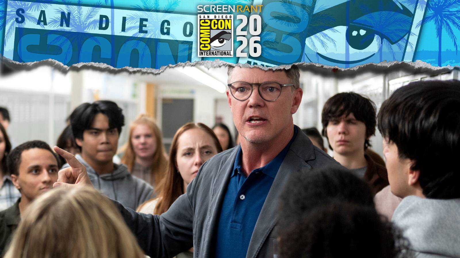 Matthew Lillard surrounded by students in Carrie TV series with SDCC overlay