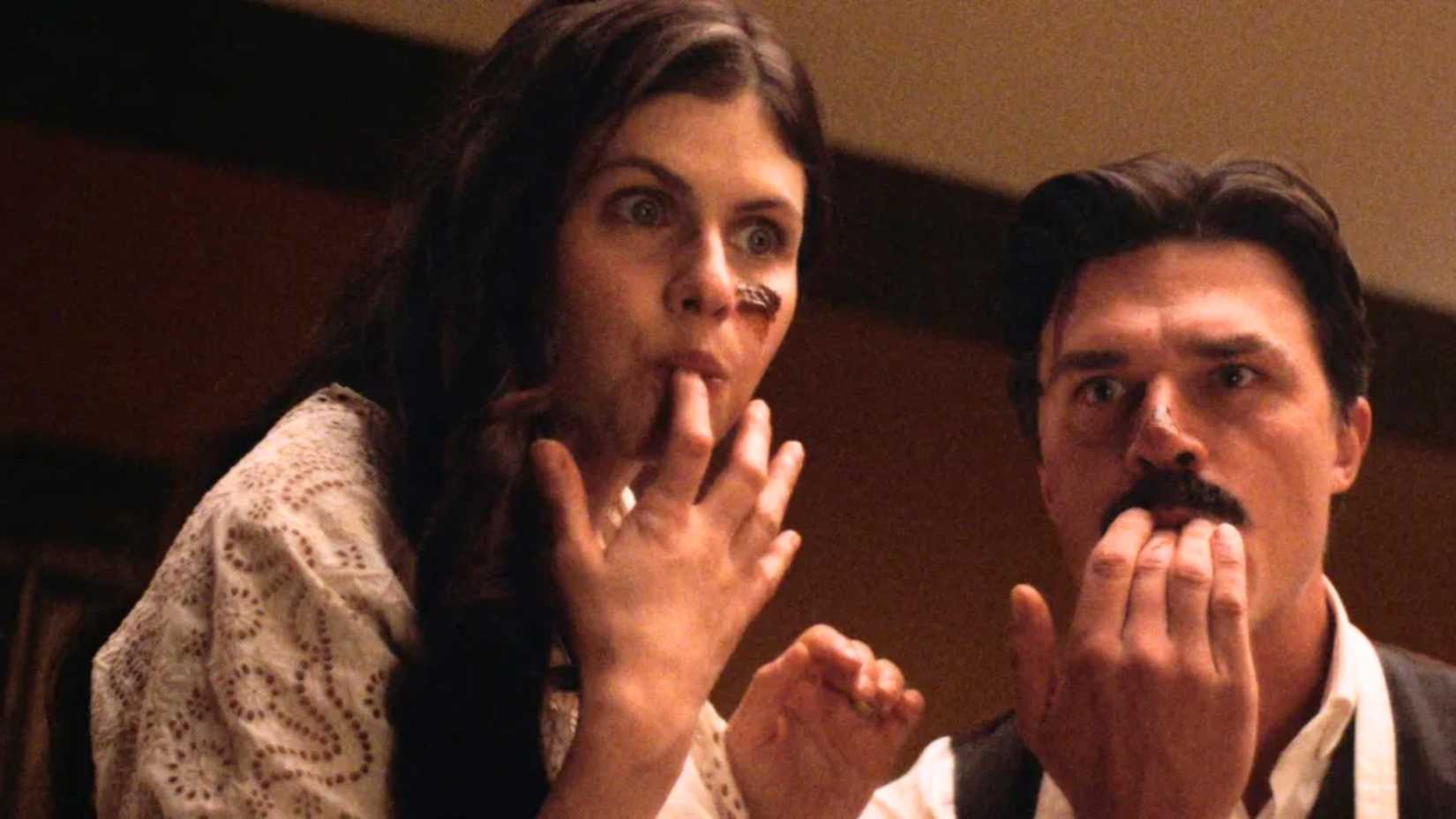 HERSHEY, from left: Alexandra Daddario as Kitty Hershey, Finn Wittrock as Milton Hershey, 2026. © Angel