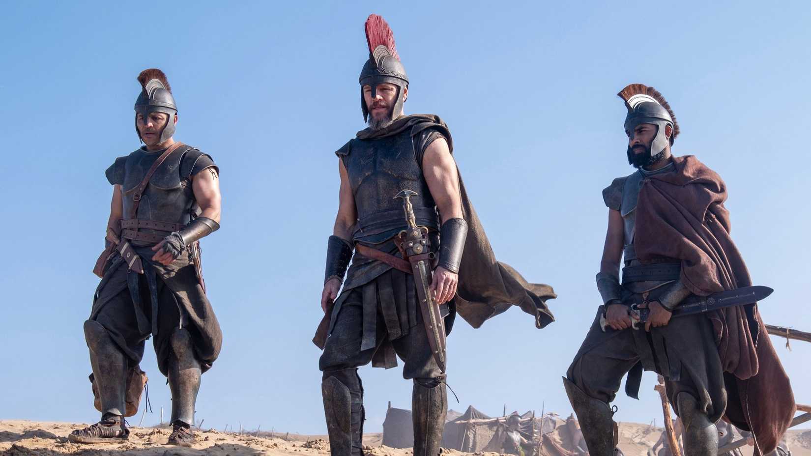 Odysseus (Matt Damon) standing with his soldiers in The Odyssey.