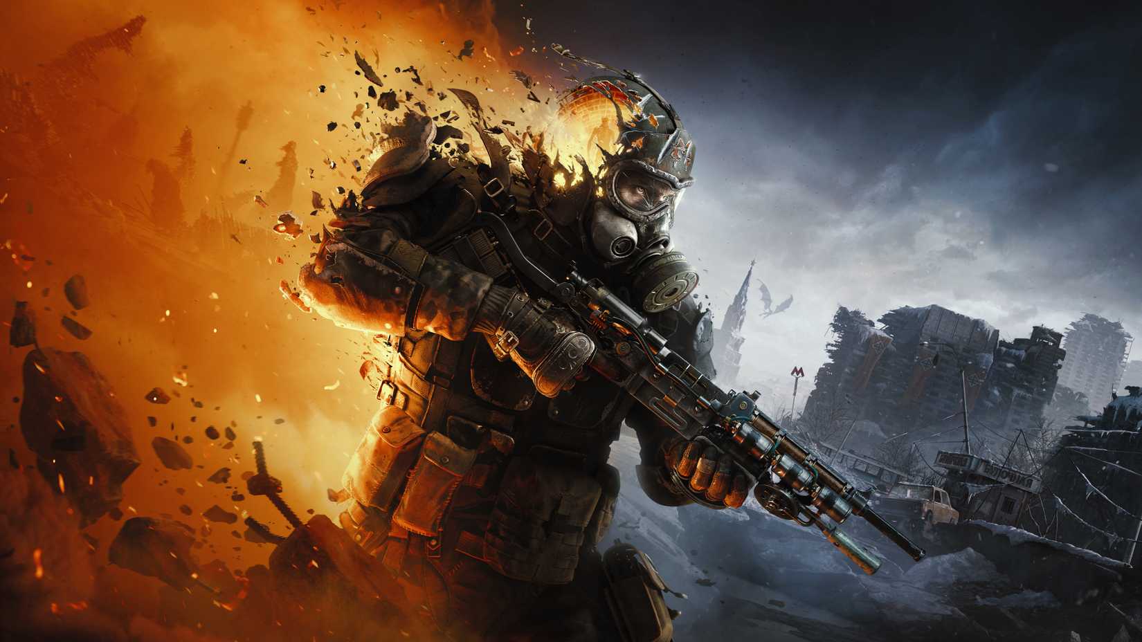 Metro 2039 key art of a soldier dissolving into flames behind them as they face a ruined city.