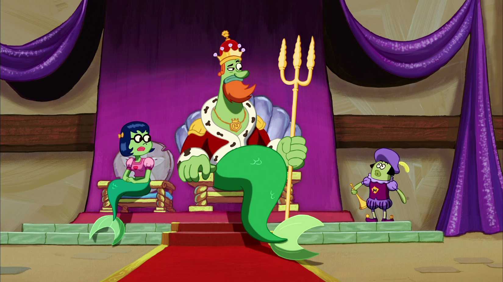 Princess Mindy and King Neptune sit in the royal court in The SpongeBob SquarePants Movie (2004).
