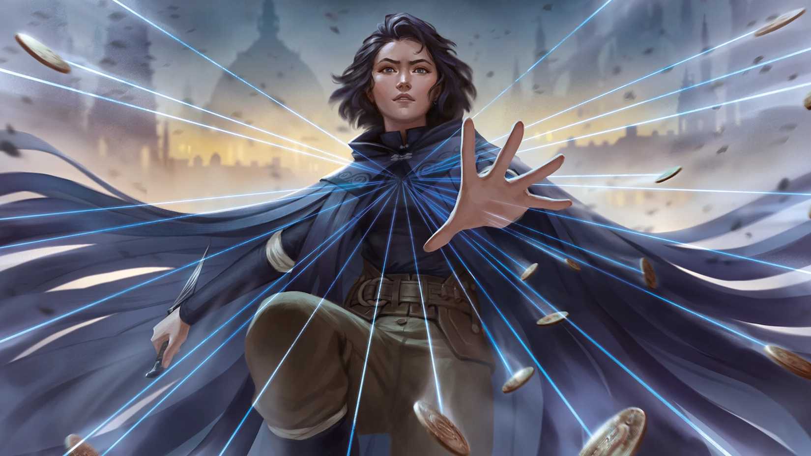 Vin from Mistborn holds a dagger and fires tons of coins forward using Allomancy.