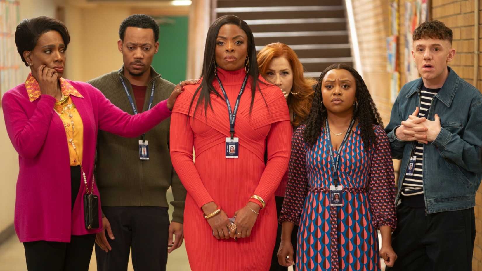 Barbara, Gregory, Ava, Melissa, Janine, and Jacob looking shocked in Abbott Elementary season 4