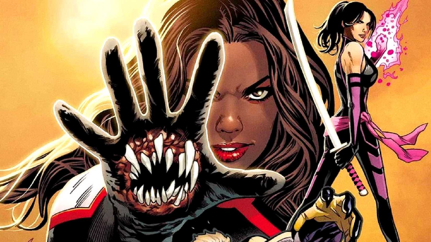 Monet St Croix shows off a mouth on her hand next to Psylocke