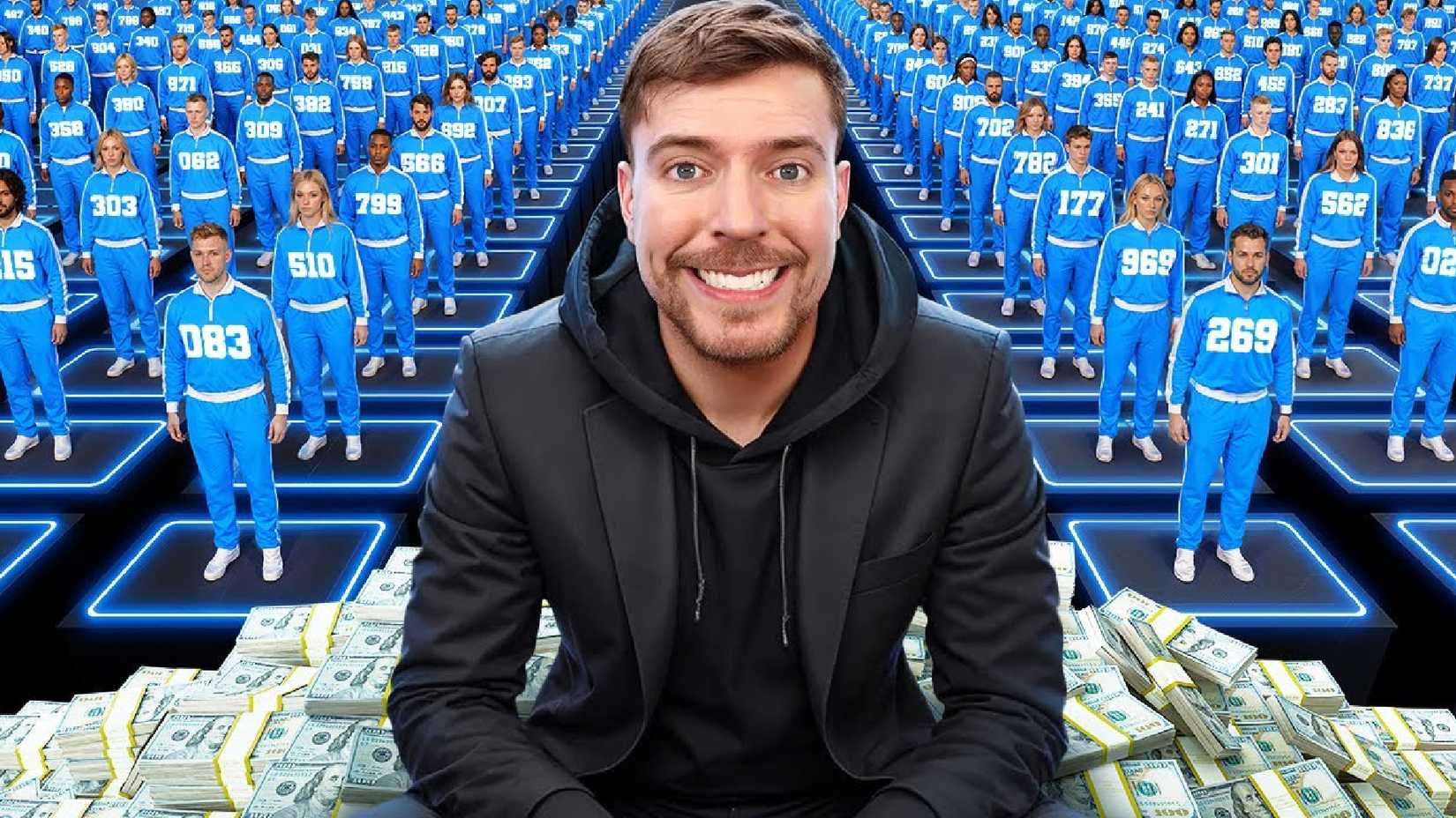mr beast in front of beast games contestants, sat on a pile of money