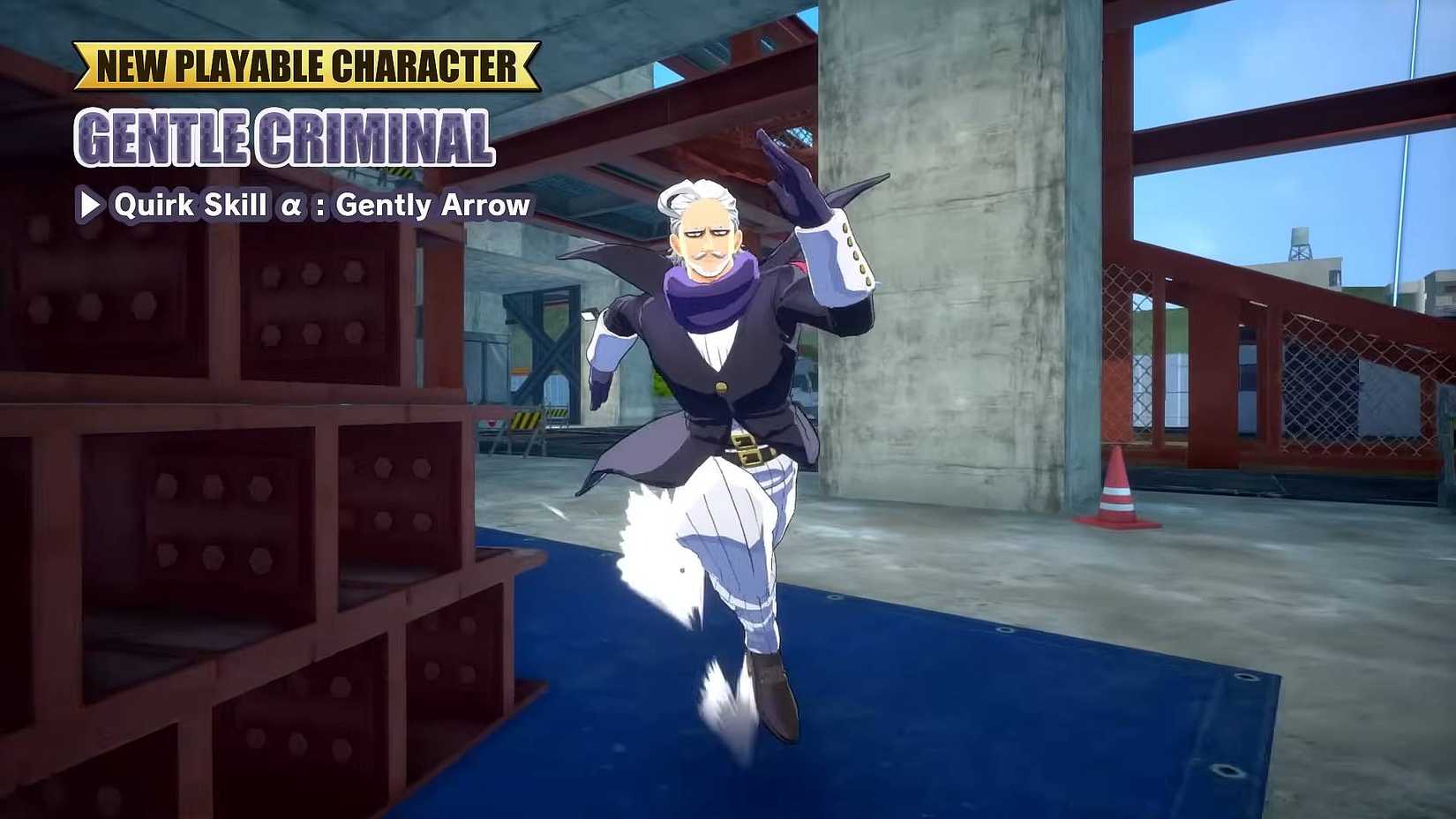 Gentle Criminal running through a construction site in My Hero Ultra Rumble.