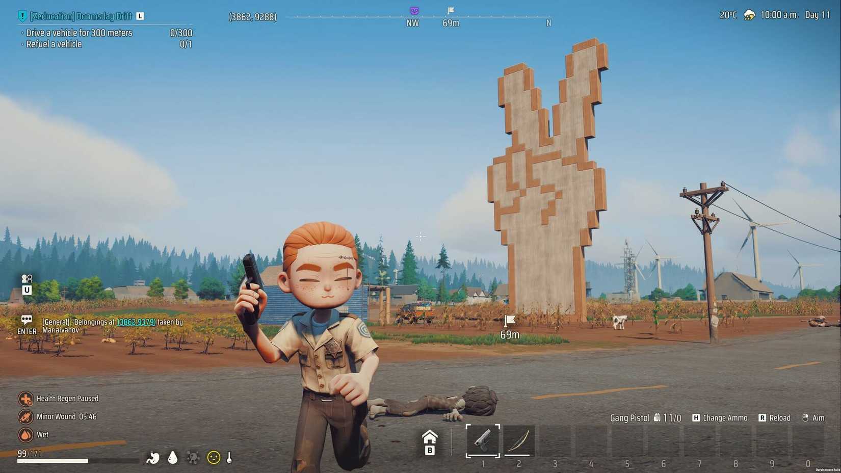 The player running with a pistol away from a giant hand in Zeverland.