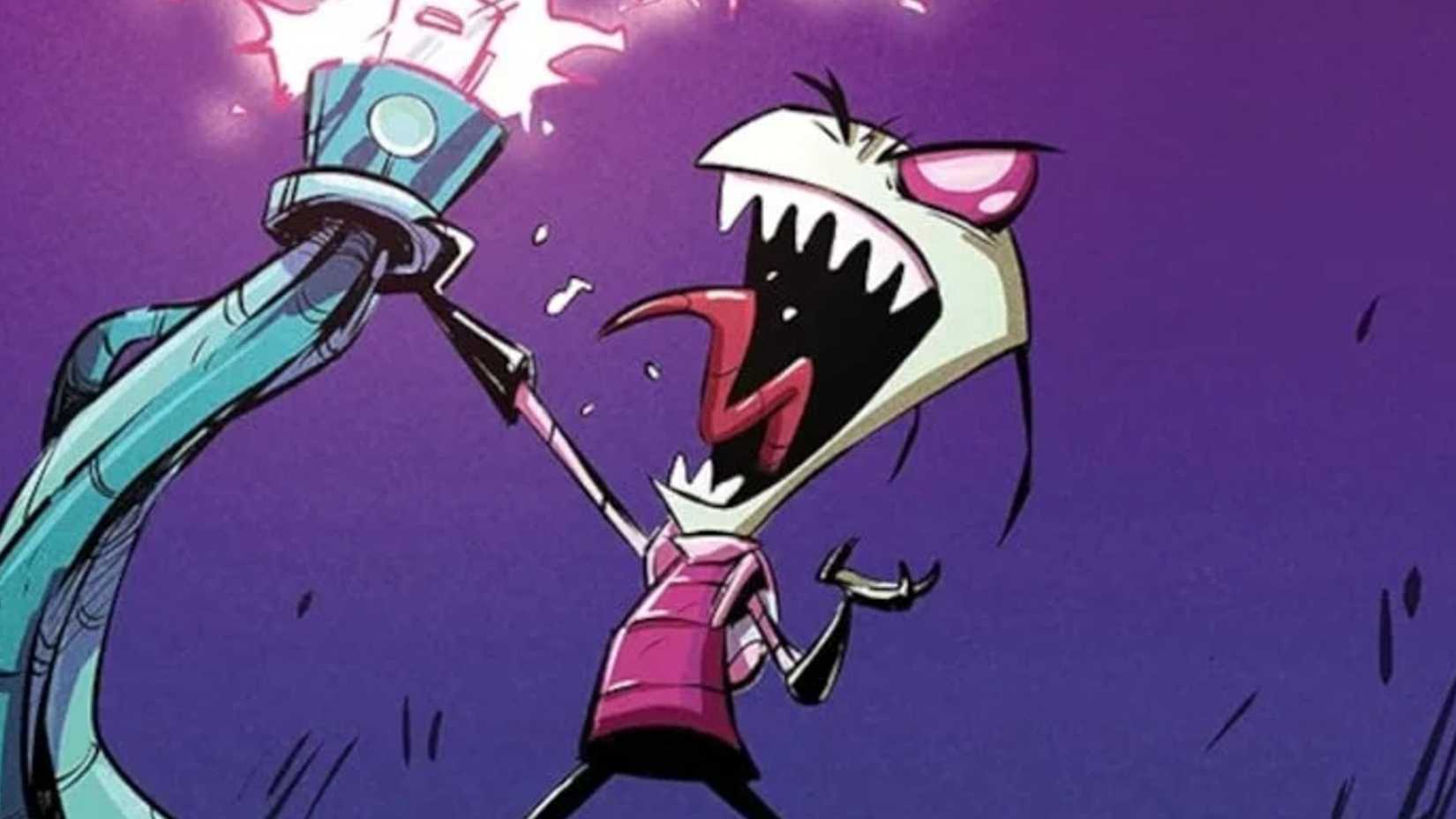 Zim holds a live wire crackling with electricity as he laughs, mouth wide open.
